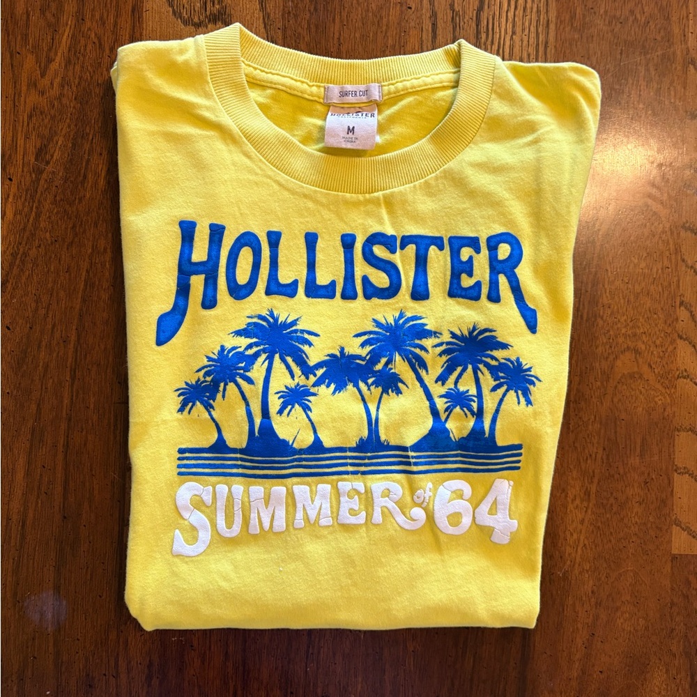 Hollister Bright Yellow Tee with Blue Palm Design